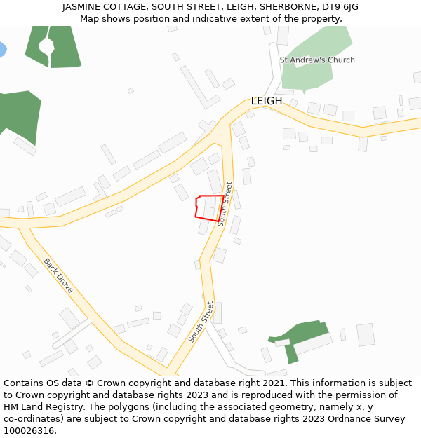 JASMINE COTTAGE, SOUTH STREET, LEIGH, SHERBORNE, DT9 6JG: Location map and indicative extent of plot