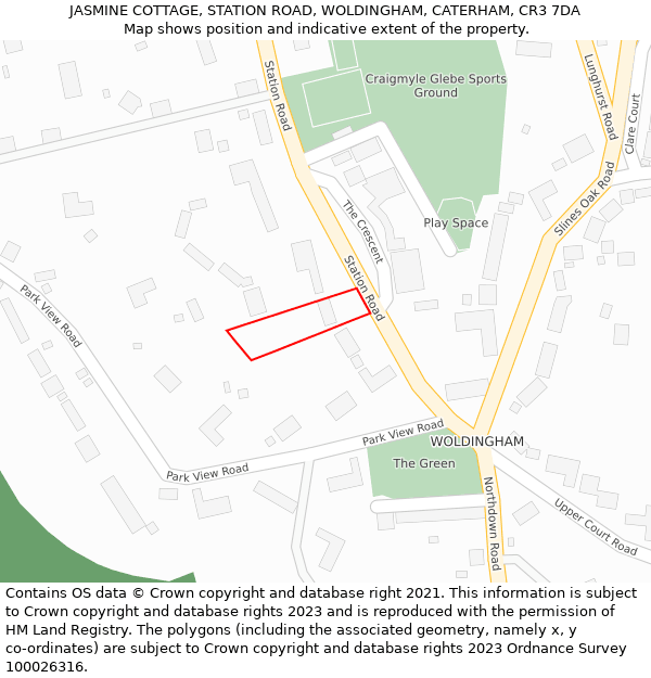 JASMINE COTTAGE, STATION ROAD, WOLDINGHAM, CATERHAM, CR3 7DA: Location map and indicative extent of plot