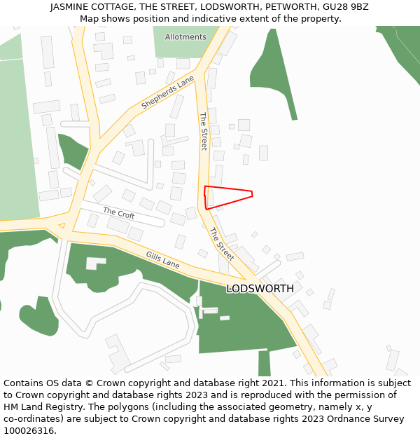 JASMINE COTTAGE, THE STREET, LODSWORTH, PETWORTH, GU28 9BZ: Location map and indicative extent of plot