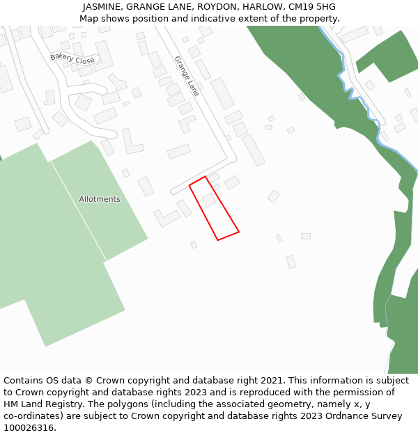 JASMINE, GRANGE LANE, ROYDON, HARLOW, CM19 5HG: Location map and indicative extent of plot