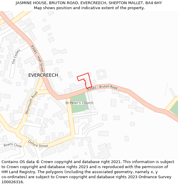 JASMINE HOUSE, BRUTON ROAD, EVERCREECH, SHEPTON MALLET, BA4 6HY: Location map and indicative extent of plot