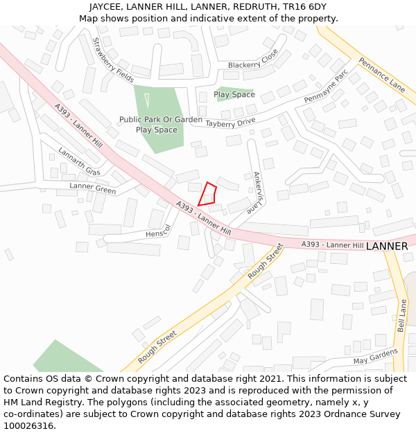 JAYCEE, LANNER HILL, LANNER, REDRUTH, TR16 6DY: Location map and indicative extent of plot