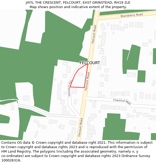 JAYS, THE CRESCENT, FELCOURT, EAST GRINSTEAD, RH19 2LE: Location map and indicative extent of plot