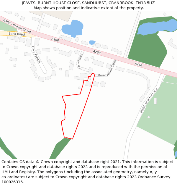 JEAVES, BURNT HOUSE CLOSE, SANDHURST, CRANBROOK, TN18 5HZ: Location map and indicative extent of plot