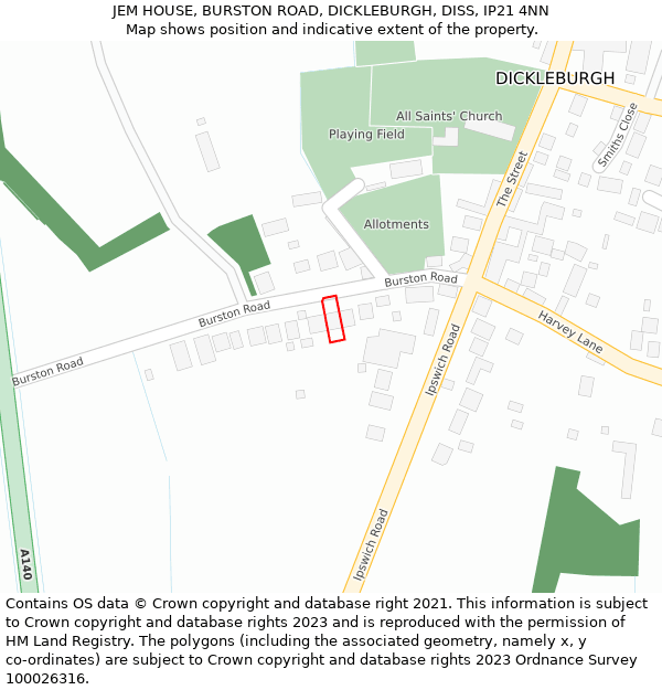JEM HOUSE, BURSTON ROAD, DICKLEBURGH, DISS, IP21 4NN: Location map and indicative extent of plot
