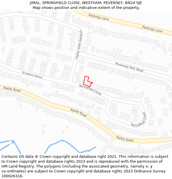 JIMAL, SPRINGFIELD CLOSE, WESTHAM, PEVENSEY, BN24 5JE: Location map and indicative extent of plot