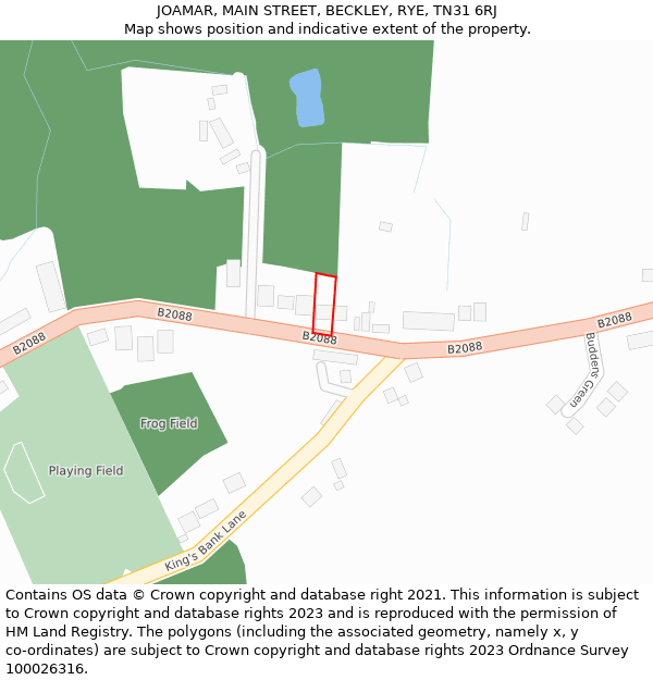 JOAMAR, MAIN STREET, BECKLEY, RYE, TN31 6RJ: Location map and indicative extent of plot
