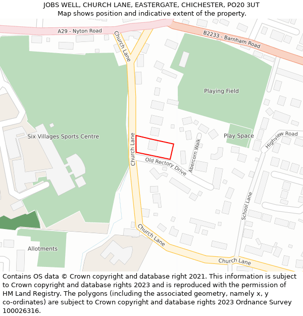 JOBS WELL, CHURCH LANE, EASTERGATE, CHICHESTER, PO20 3UT: Location map and indicative extent of plot