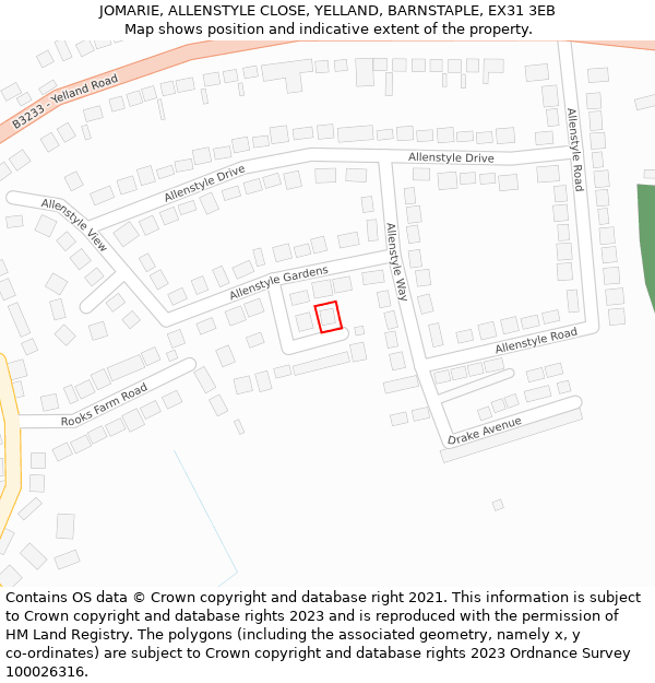 JOMARIE, ALLENSTYLE CLOSE, YELLAND, BARNSTAPLE, EX31 3EB: Location map and indicative extent of plot