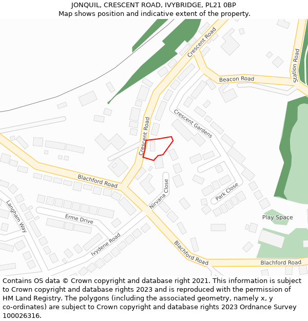 JONQUIL, CRESCENT ROAD, IVYBRIDGE, PL21 0BP: Location map and indicative extent of plot