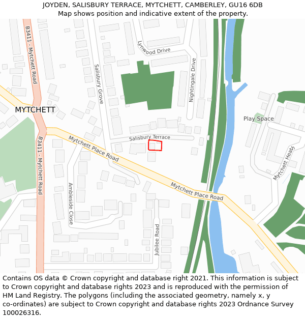 JOYDEN, SALISBURY TERRACE, MYTCHETT, CAMBERLEY, GU16 6DB: Location map and indicative extent of plot