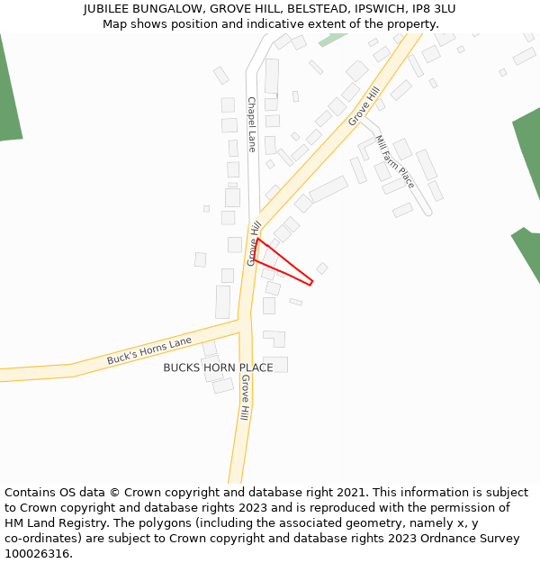 JUBILEE BUNGALOW, GROVE HILL, BELSTEAD, IPSWICH, IP8 3LU: Location map and indicative extent of plot