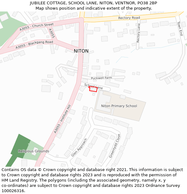 JUBILEE COTTAGE, SCHOOL LANE, NITON, VENTNOR, PO38 2BP: Location map and indicative extent of plot