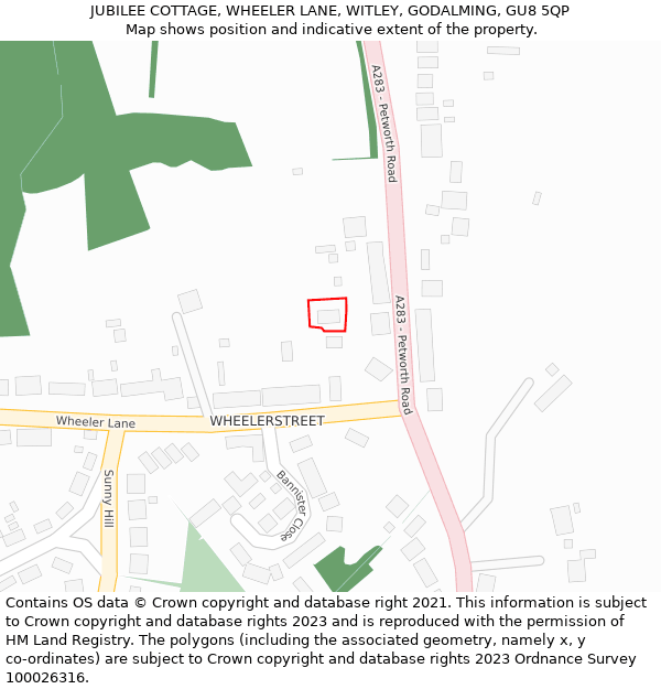 JUBILEE COTTAGE, WHEELER LANE, WITLEY, GODALMING, GU8 5QP: Location map and indicative extent of plot