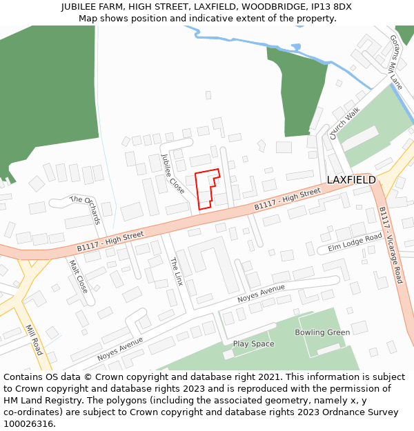 JUBILEE FARM, HIGH STREET, LAXFIELD, WOODBRIDGE, IP13 8DX: Location map and indicative extent of plot