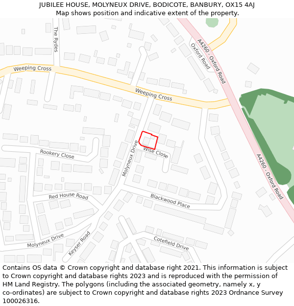 JUBILEE HOUSE, MOLYNEUX DRIVE, BODICOTE, BANBURY, OX15 4AJ: Location map and indicative extent of plot