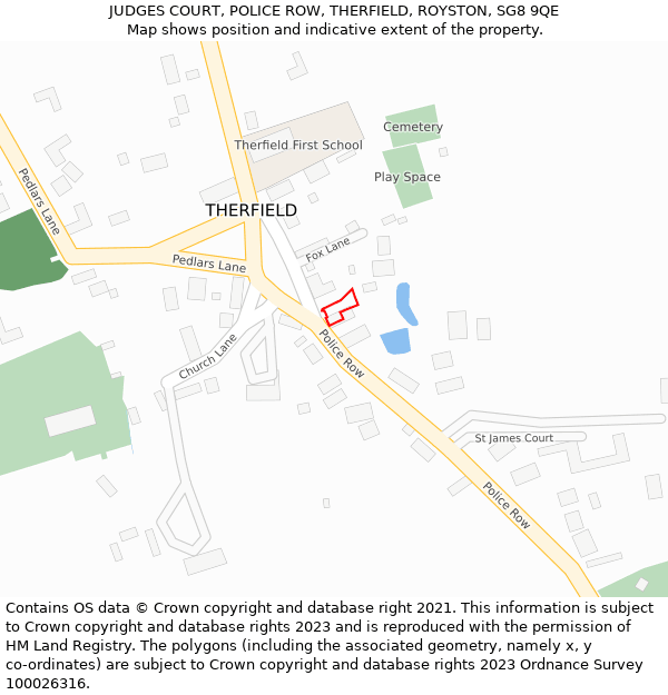 JUDGES COURT, POLICE ROW, THERFIELD, ROYSTON, SG8 9QE: Location map and indicative extent of plot