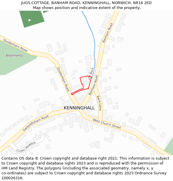 JUGS COTTAGE, BANHAM ROAD, KENNINGHALL, NORWICH, NR16 2ED: Location map and indicative extent of plot