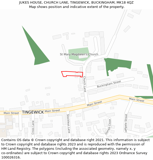 JUKES HOUSE, CHURCH LANE, TINGEWICK, BUCKINGHAM, MK18 4QZ: Location map and indicative extent of plot