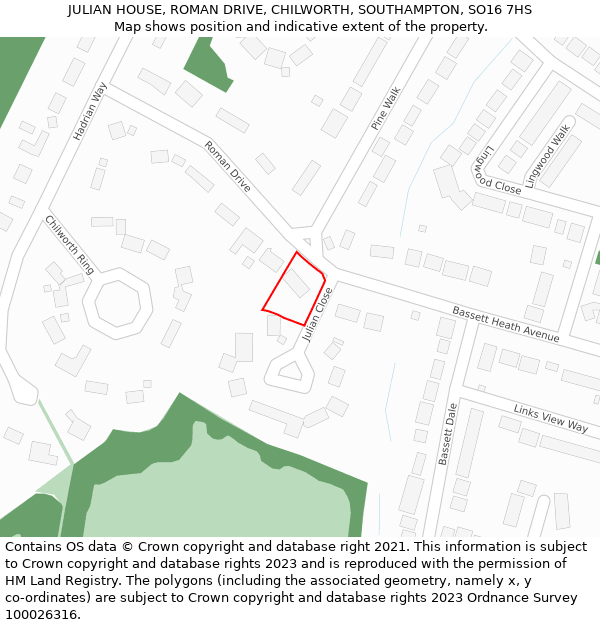 JULIAN HOUSE, ROMAN DRIVE, CHILWORTH, SOUTHAMPTON, SO16 7HS: Location map and indicative extent of plot