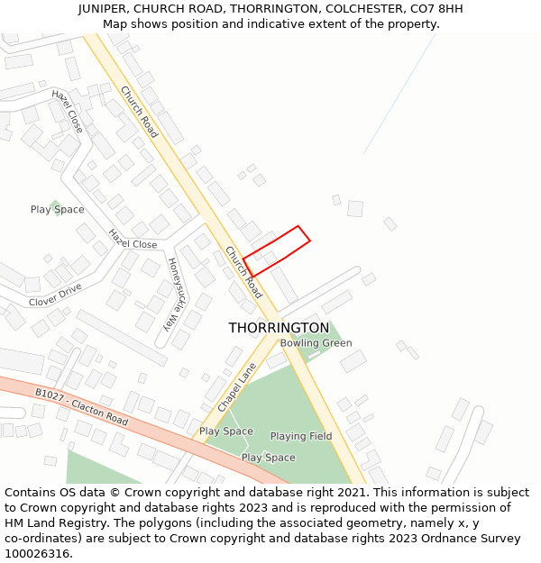 JUNIPER, CHURCH ROAD, THORRINGTON, COLCHESTER, CO7 8HH: Location map and indicative extent of plot