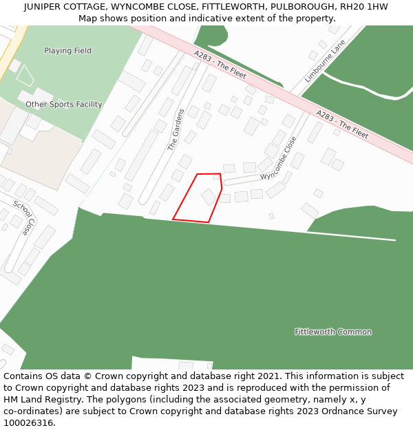 JUNIPER COTTAGE, WYNCOMBE CLOSE, FITTLEWORTH, PULBOROUGH, RH20 1HW: Location map and indicative extent of plot