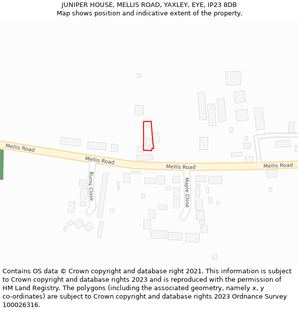 JUNIPER HOUSE, MELLIS ROAD, YAXLEY, EYE, IP23 8DB: Location map and indicative extent of plot