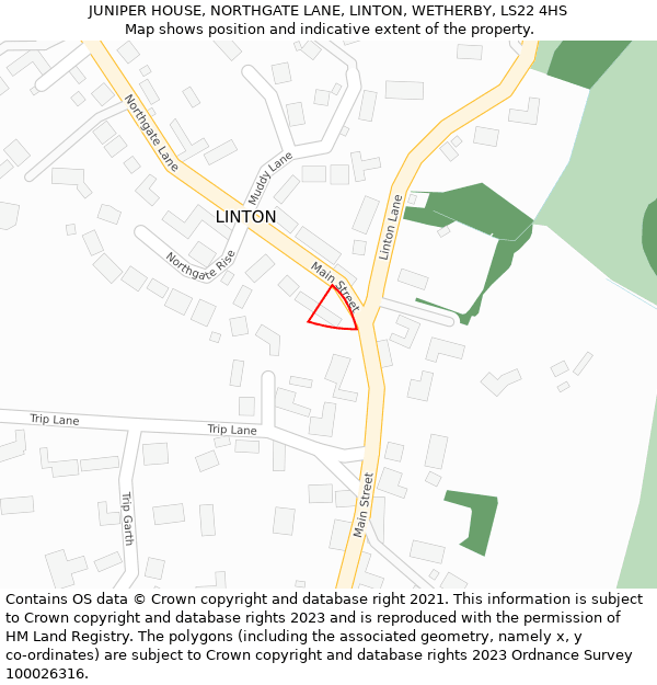 JUNIPER HOUSE, NORTHGATE LANE, LINTON, WETHERBY, LS22 4HS: Location map and indicative extent of plot