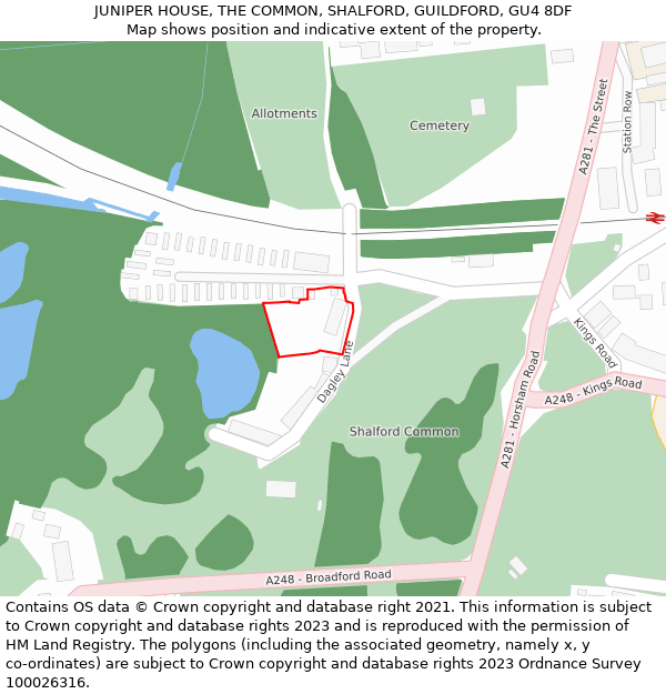 JUNIPER HOUSE, THE COMMON, SHALFORD, GUILDFORD, GU4 8DF: Location map and indicative extent of plot