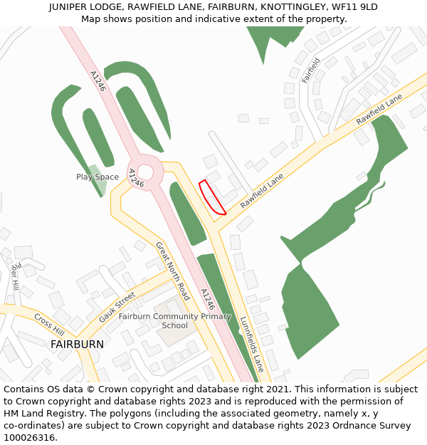 JUNIPER LODGE, RAWFIELD LANE, FAIRBURN, KNOTTINGLEY, WF11 9LD: Location map and indicative extent of plot