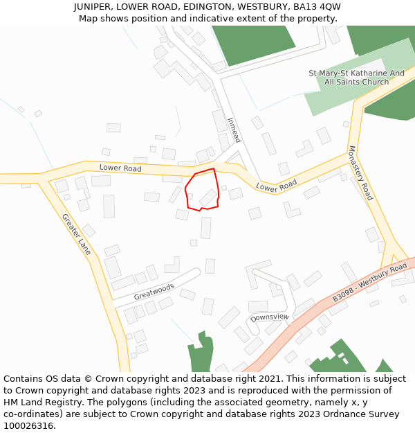 JUNIPER, LOWER ROAD, EDINGTON, WESTBURY, BA13 4QW: Location map and indicative extent of plot