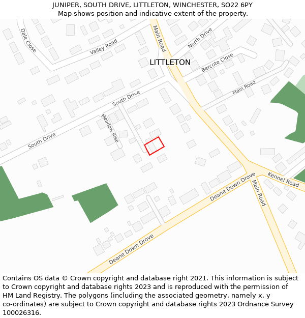 JUNIPER, SOUTH DRIVE, LITTLETON, WINCHESTER, SO22 6PY: Location map and indicative extent of plot