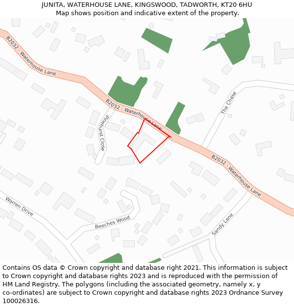 JUNITA, WATERHOUSE LANE, KINGSWOOD, TADWORTH, KT20 6HU: Location map and indicative extent of plot