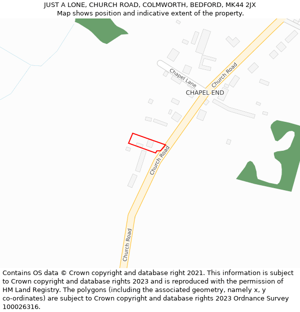 JUST A LONE, CHURCH ROAD, COLMWORTH, BEDFORD, MK44 2JX: Location map and indicative extent of plot