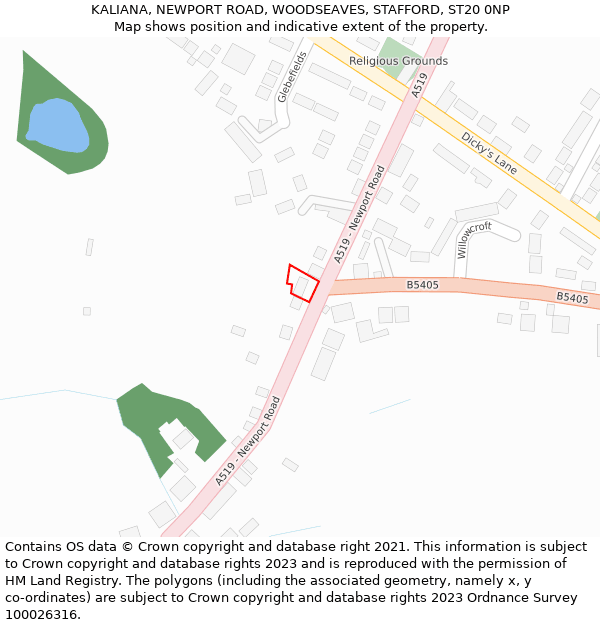 KALIANA, NEWPORT ROAD, WOODSEAVES, STAFFORD, ST20 0NP: Location map and indicative extent of plot
