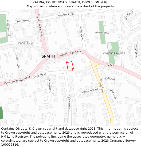 KALMIA, COURT ROAD, SNAITH, GOOLE, DN14 9JL: Location map and indicative extent of plot