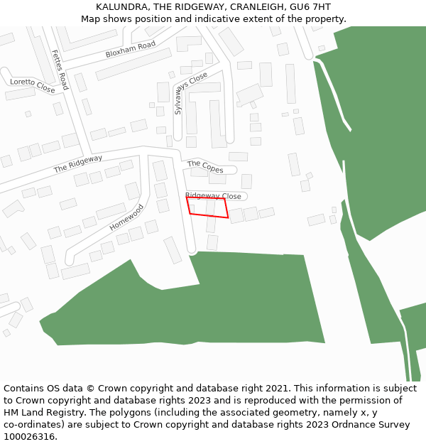 KALUNDRA, THE RIDGEWAY, CRANLEIGH, GU6 7HT: Location map and indicative extent of plot