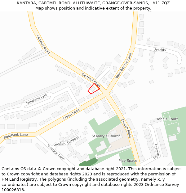 KANTARA, CARTMEL ROAD, ALLITHWAITE, GRANGE-OVER-SANDS, LA11 7QZ: Location map and indicative extent of plot