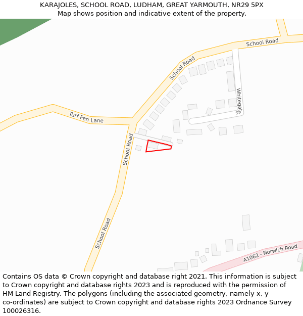 KARAJOLES, SCHOOL ROAD, LUDHAM, GREAT YARMOUTH, NR29 5PX: Location map and indicative extent of plot