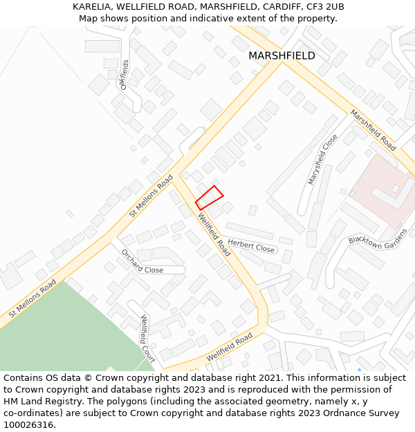 KARELIA, WELLFIELD ROAD, MARSHFIELD, CARDIFF, CF3 2UB: Location map and indicative extent of plot