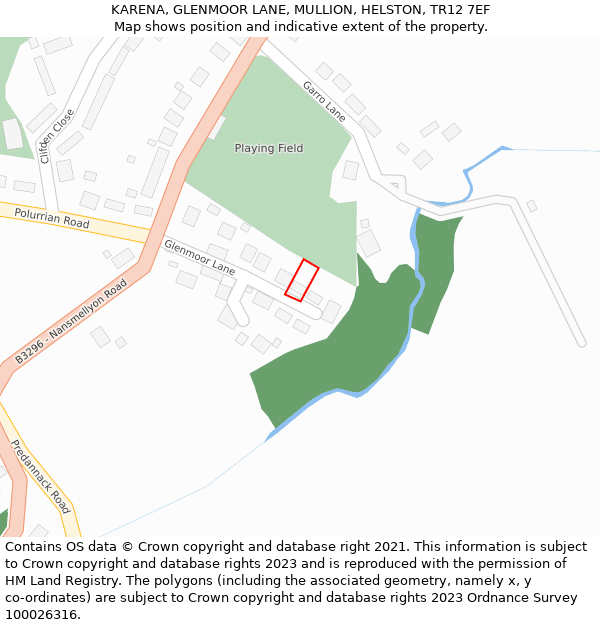 KARENA, GLENMOOR LANE, MULLION, HELSTON, TR12 7EF: Location map and indicative extent of plot