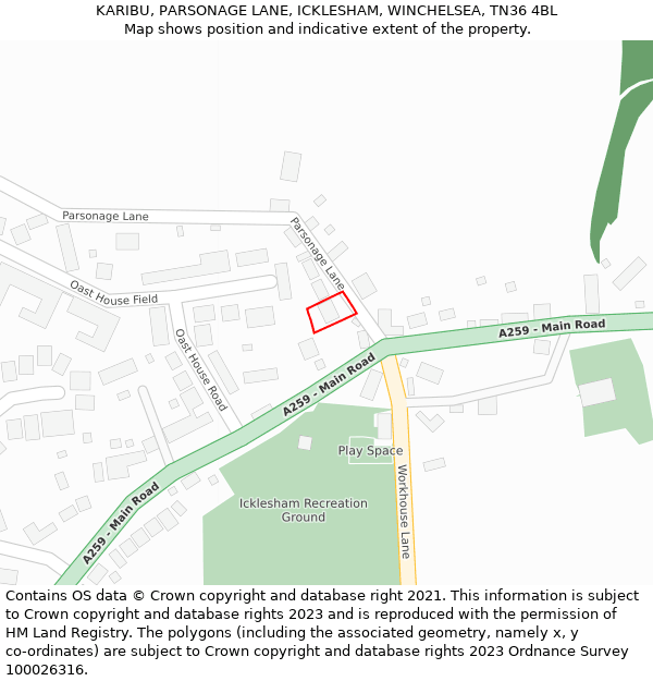 KARIBU, PARSONAGE LANE, ICKLESHAM, WINCHELSEA, TN36 4BL: Location map and indicative extent of plot