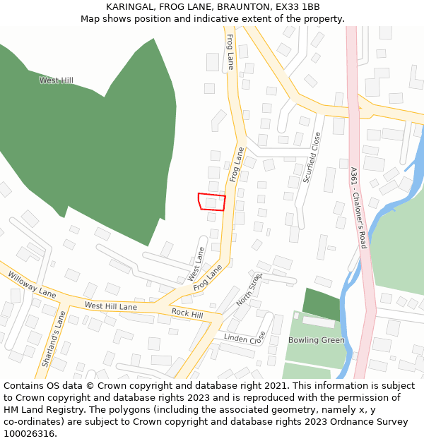 KARINGAL, FROG LANE, BRAUNTON, EX33 1BB: Location map and indicative extent of plot