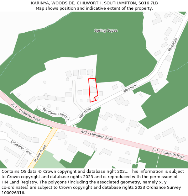 KARINYA, WOODSIDE, CHILWORTH, SOUTHAMPTON, SO16 7LB: Location map and indicative extent of plot