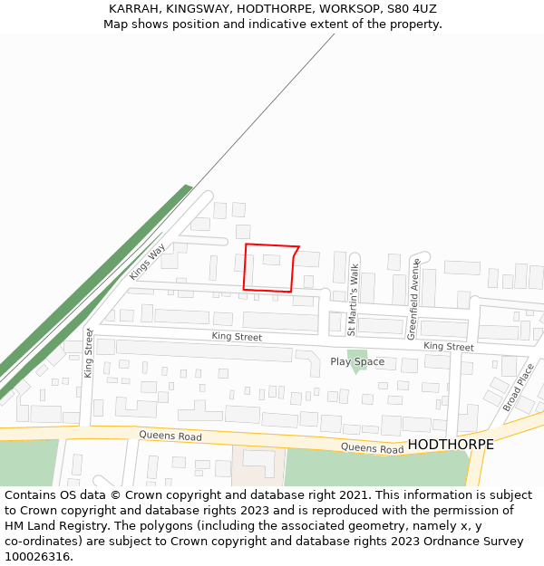 KARRAH, KINGSWAY, HODTHORPE, WORKSOP, S80 4UZ: Location map and indicative extent of plot