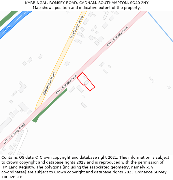 KARRINGAL, ROMSEY ROAD, CADNAM, SOUTHAMPTON, SO40 2NY: Location map and indicative extent of plot