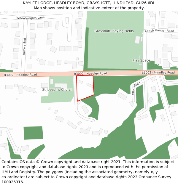 KAYLEE LODGE, HEADLEY ROAD, GRAYSHOTT, HINDHEAD, GU26 6DL: Location map and indicative extent of plot