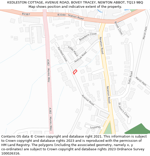 KEDLESTON COTTAGE, AVENUE ROAD, BOVEY TRACEY, NEWTON ABBOT, TQ13 9BQ: Location map and indicative extent of plot