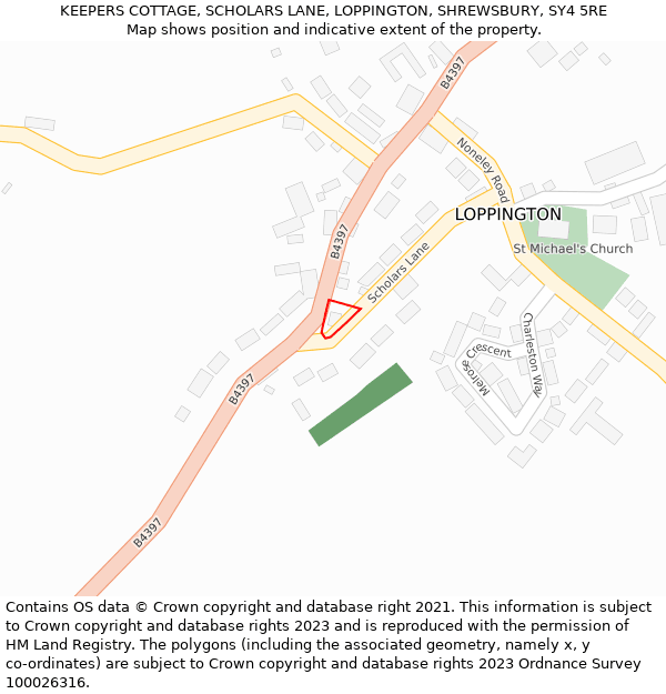 KEEPERS COTTAGE, SCHOLARS LANE, LOPPINGTON, SHREWSBURY, SY4 5RE: Location map and indicative extent of plot