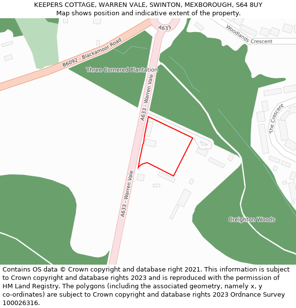 KEEPERS COTTAGE, WARREN VALE, SWINTON, MEXBOROUGH, S64 8UY: Location map and indicative extent of plot